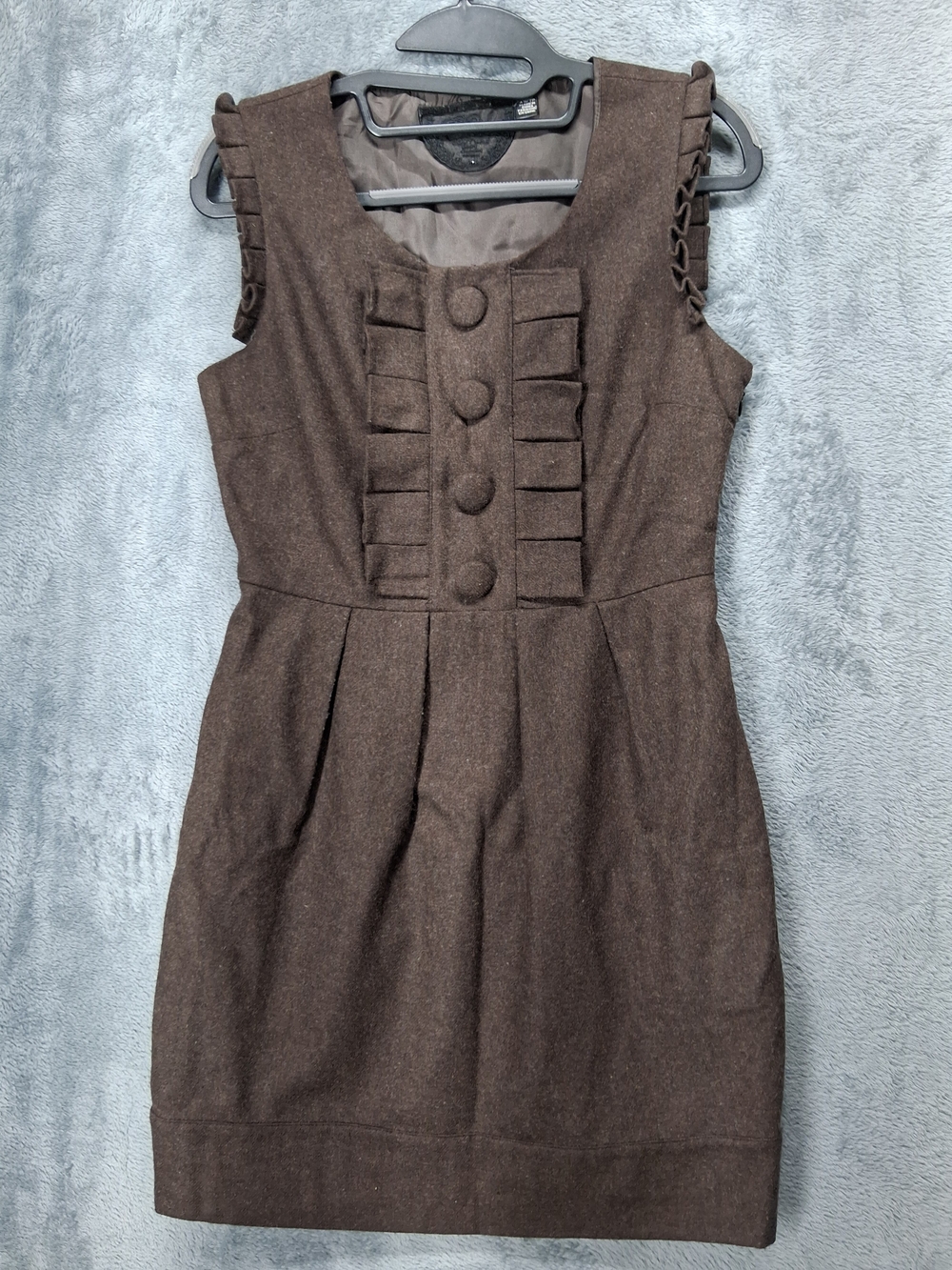 Classic Brown Sleeveless Pleated Wool-Blend Dress